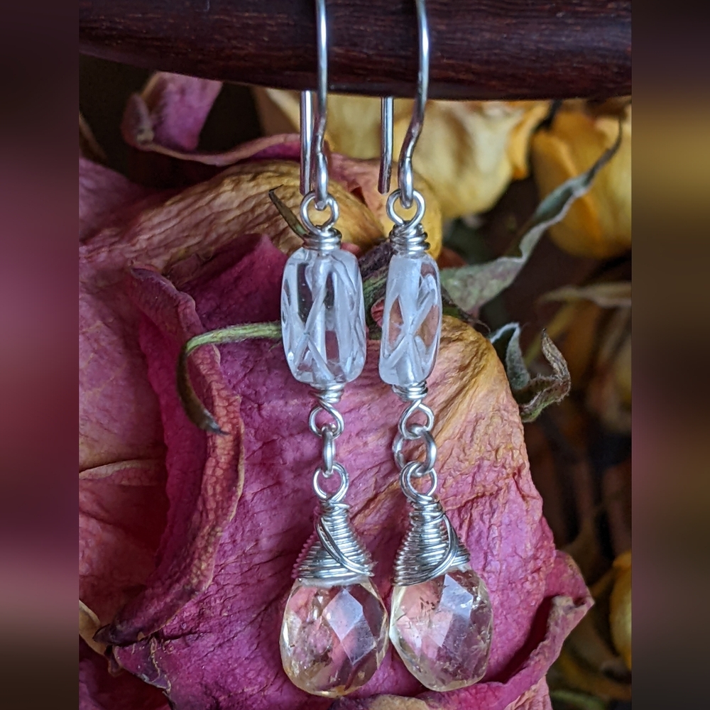 Sterling Silver Citrine Drop Earrings With Carved Clear Quartz Gems - Picture 3 of 13